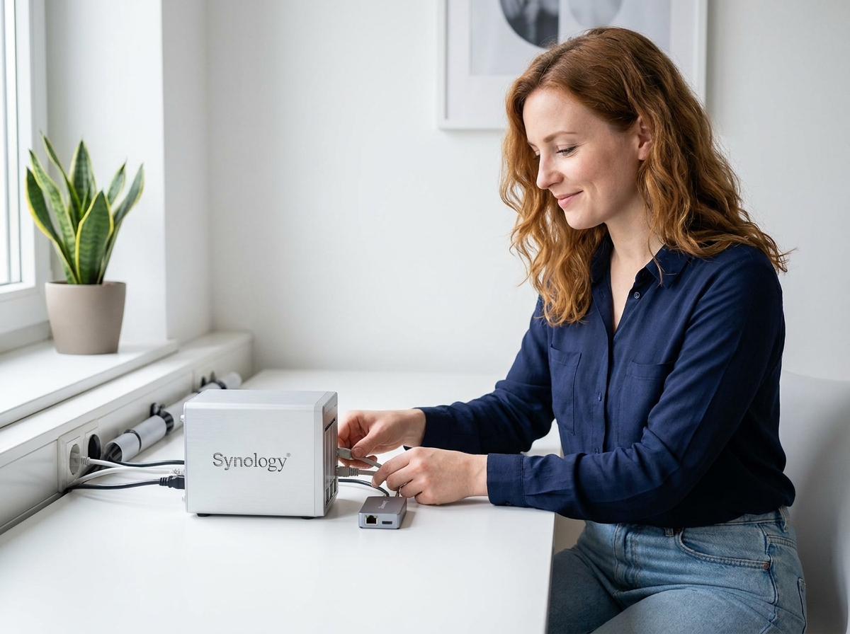 Femme installant un serveur NAS compact sur un bureau épuré illustrant le passage à une solution de stockage propre et fiable