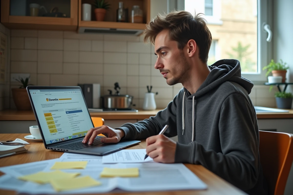 Jeune entrepreneur français consultant les aides régionales sur Elevetonbiz.fr depuis son domicile pour gagner du temps dans ses démarches