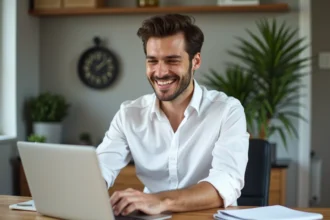Jeune entrepreneur souriant travaillant à son bureau moderne
