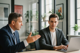 Jeune entrepreneur en réunion dans un bureau moderne