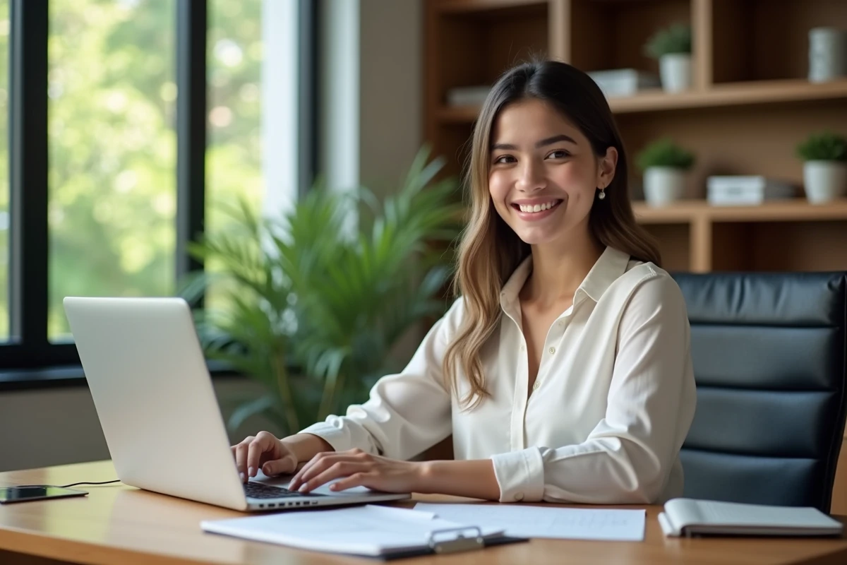 Jeune femme souriante au bureau moderne avec ordinateur