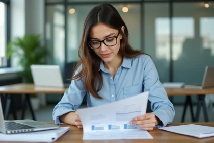 Jeune femme concentrée travaillant sur un ordinateur dans un bureau lumineux