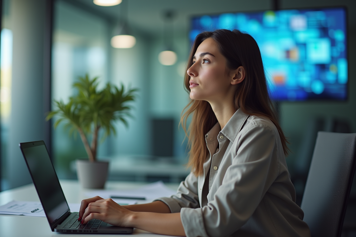 Jeune femme au bureau regardant la télévision en arrière-plan