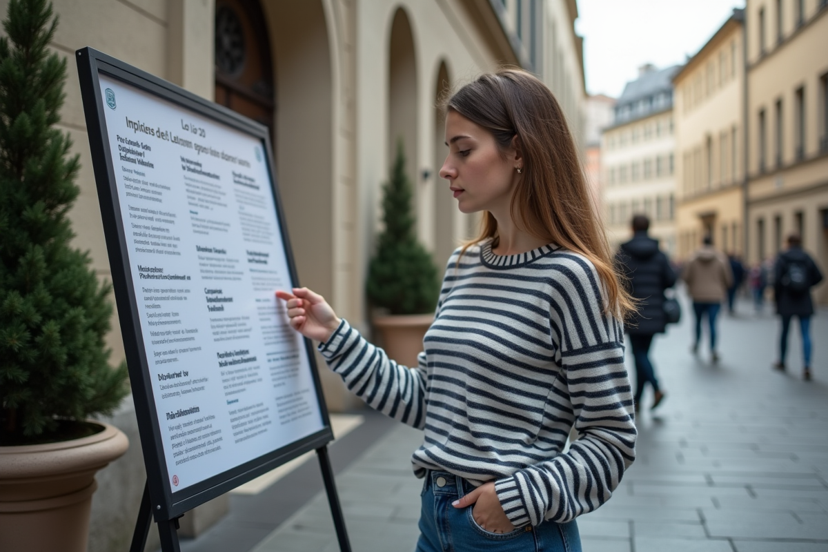 Jeune femme regardant un panneau d