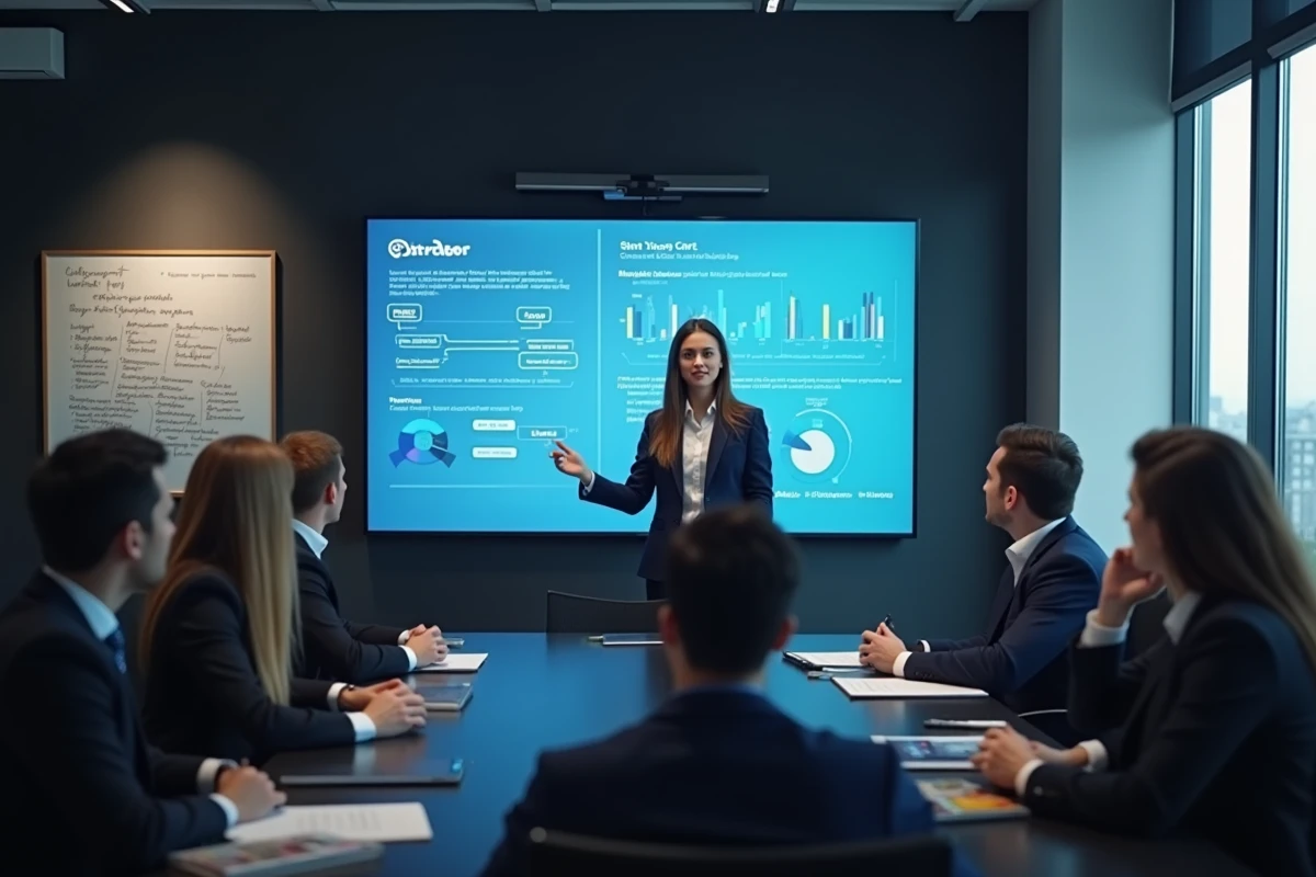 Jeune femme présentant un logiciel à ses collègues en réunion