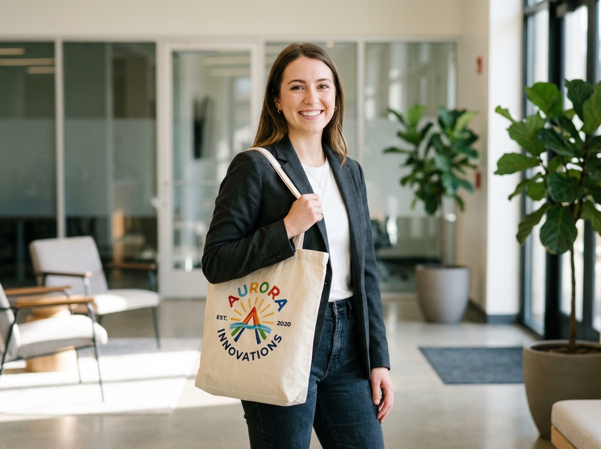 Jeune femme professionnelle souriante avec tote bag dans un bureau