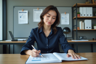 Jeune femme en blouse navy dans un bureau moderne