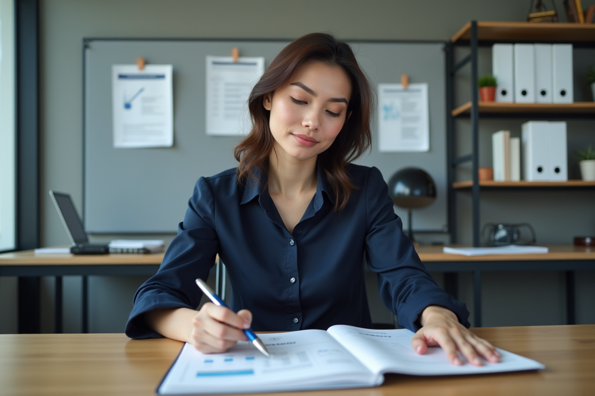 Jeune femme en blouse navy dans un bureau moderne