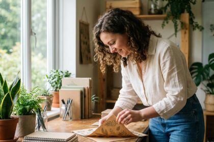 Jeune femme posant avec des stickers écologiques dans un bureau cosy