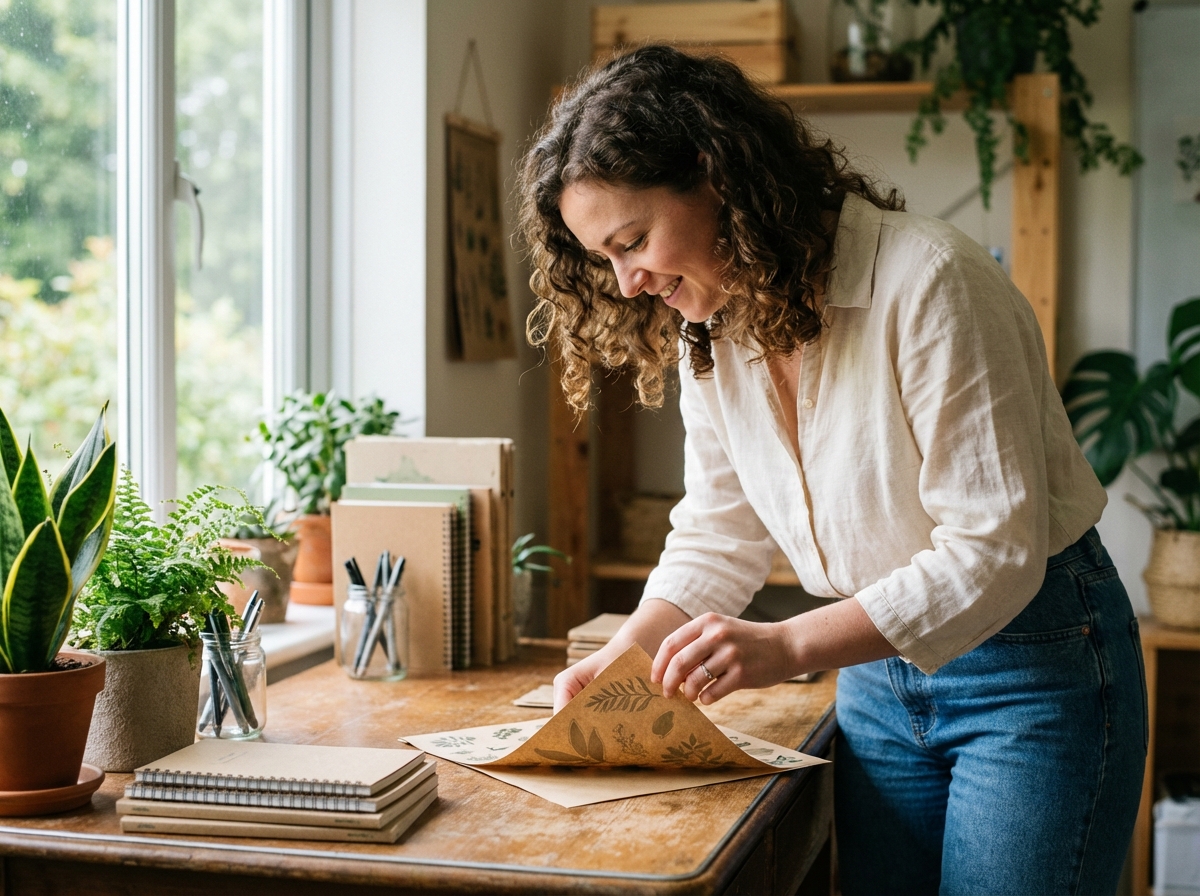 Jeune femme posant avec des stickers écologiques dans un bureau cosy