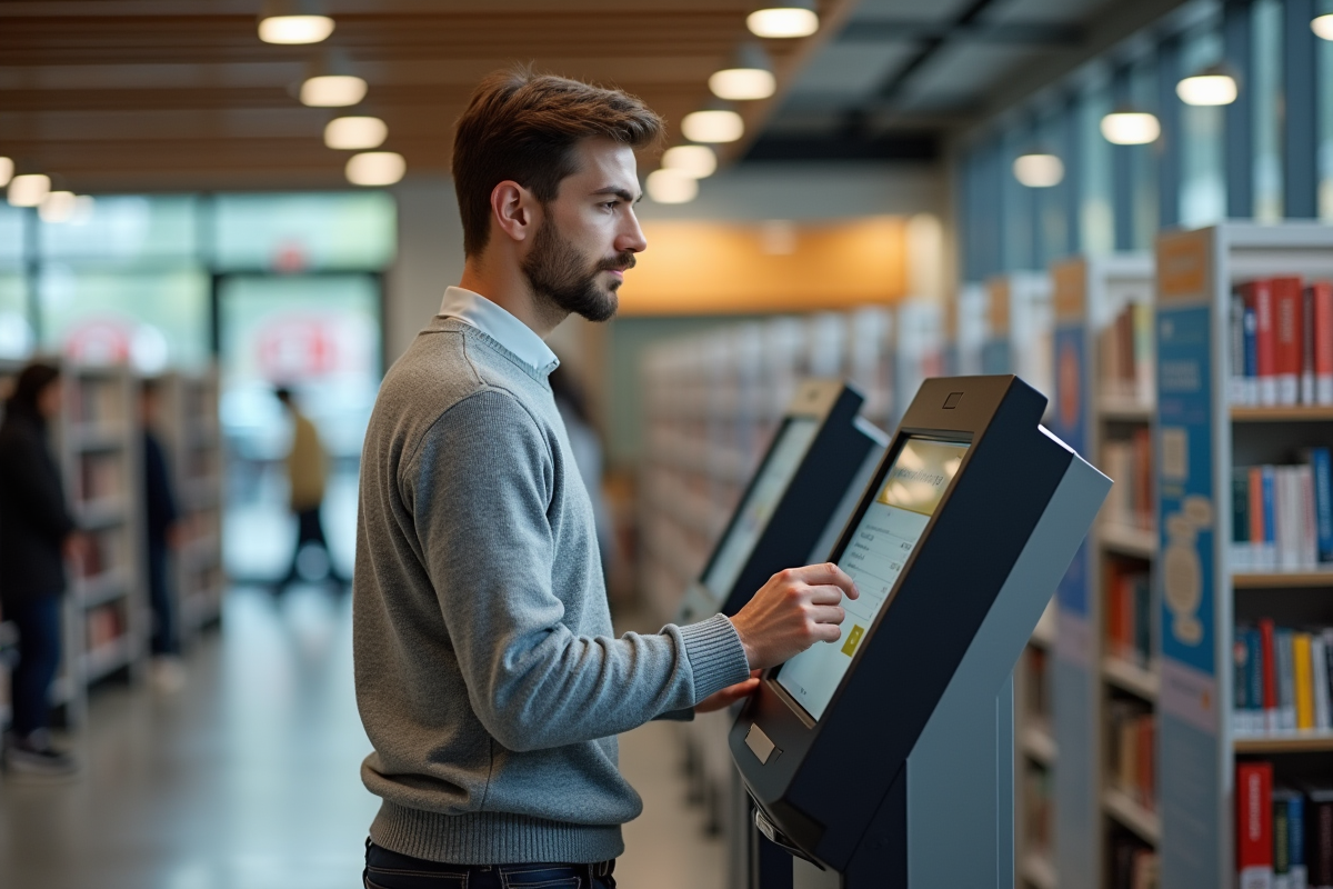 Jeune homme utilisant un kiosque dans une bibliothèque moderne
