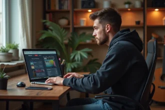 Jeune homme en hoodie regarde son ordinateur musique