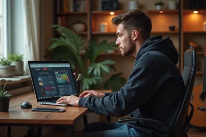 Jeune homme en hoodie regarde son ordinateur musique