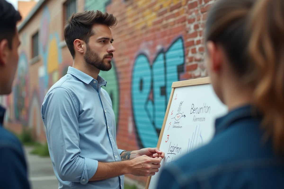 Jeune homme présentant idées devant mur street art
