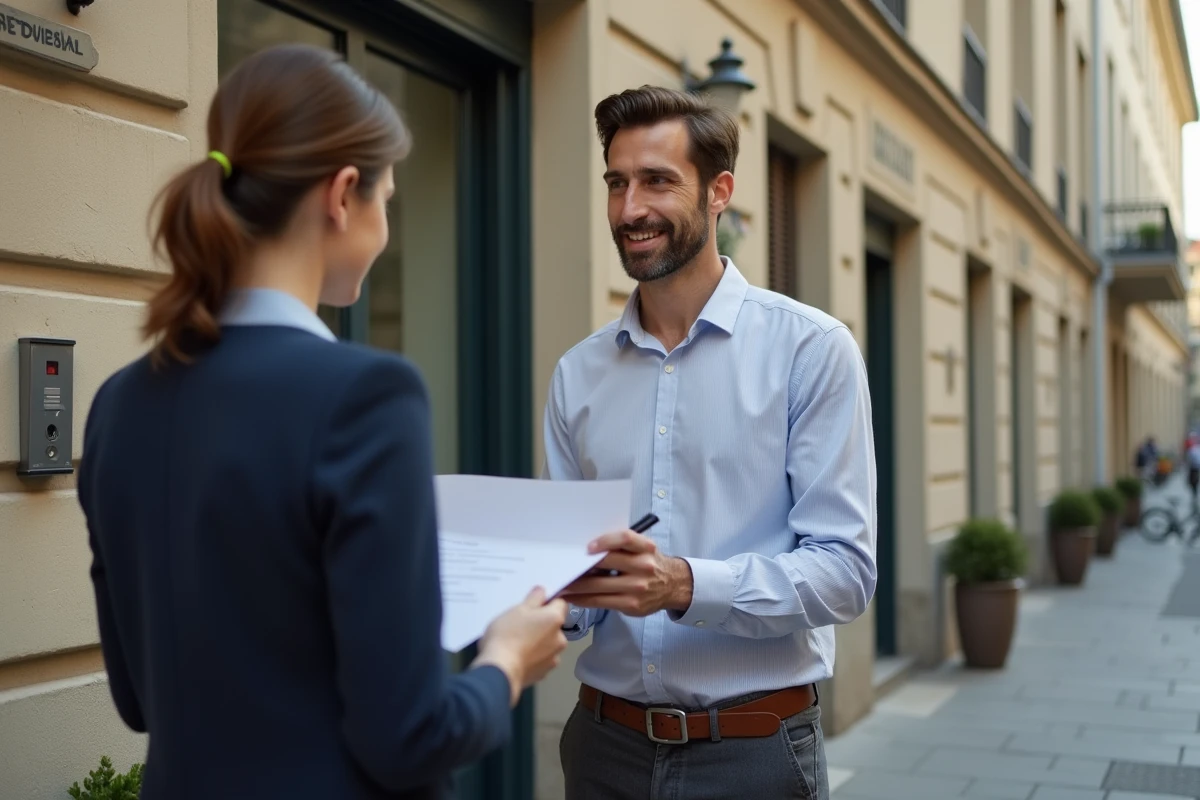 Jeune homme français signant un document devant un immeuble