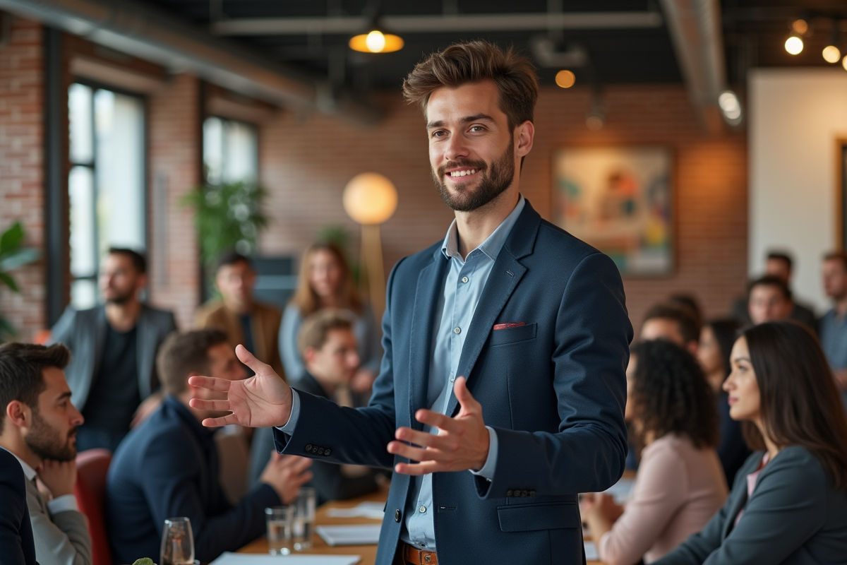 Jeune leader motivant une équipe dans un bureau moderne