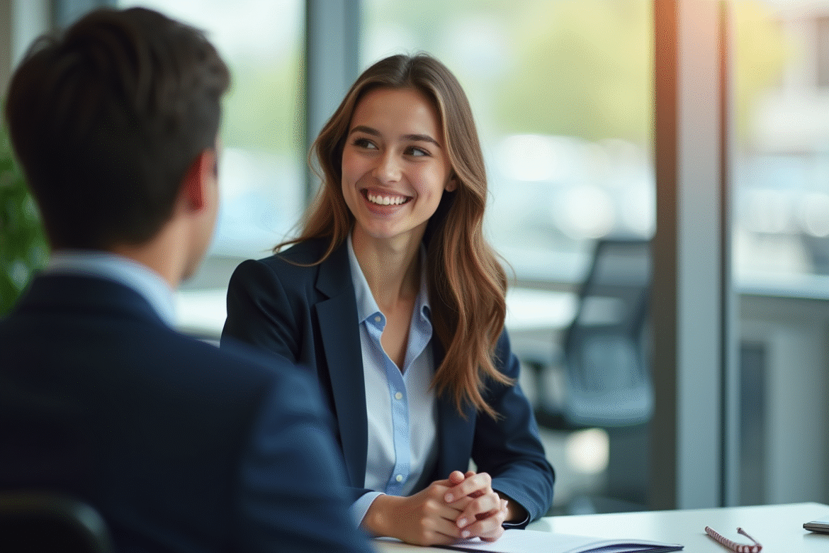 Jeune professionnel souriant lors d'un entretien d'embauche en bureau lumineux