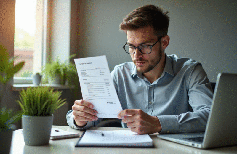 Jeune professionnel analysant une fiche de paie de 1750 euros brut