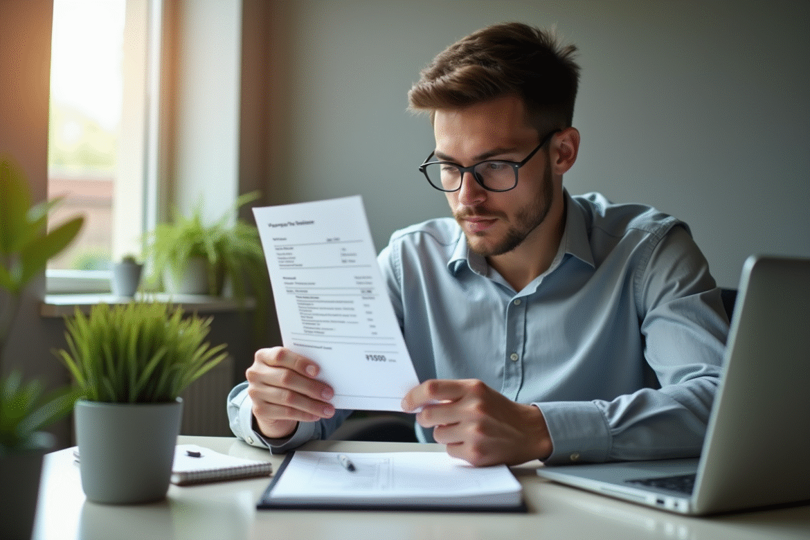 Jeune professionnel analysant une fiche de paie de 1750 euros brut