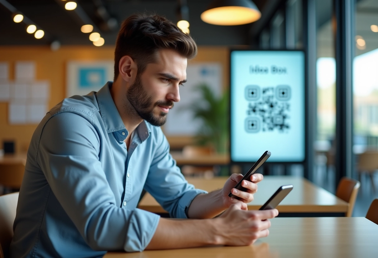 Jeune homme scanne un QR code dans un espace détente