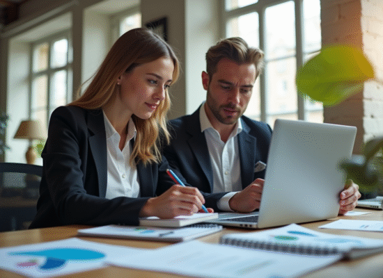 Jeune femme et homme travaillant dans un bureau parisien moderne
