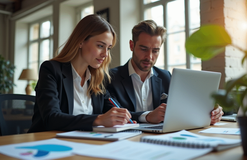 Jeune femme et homme travaillant dans un bureau parisien moderne