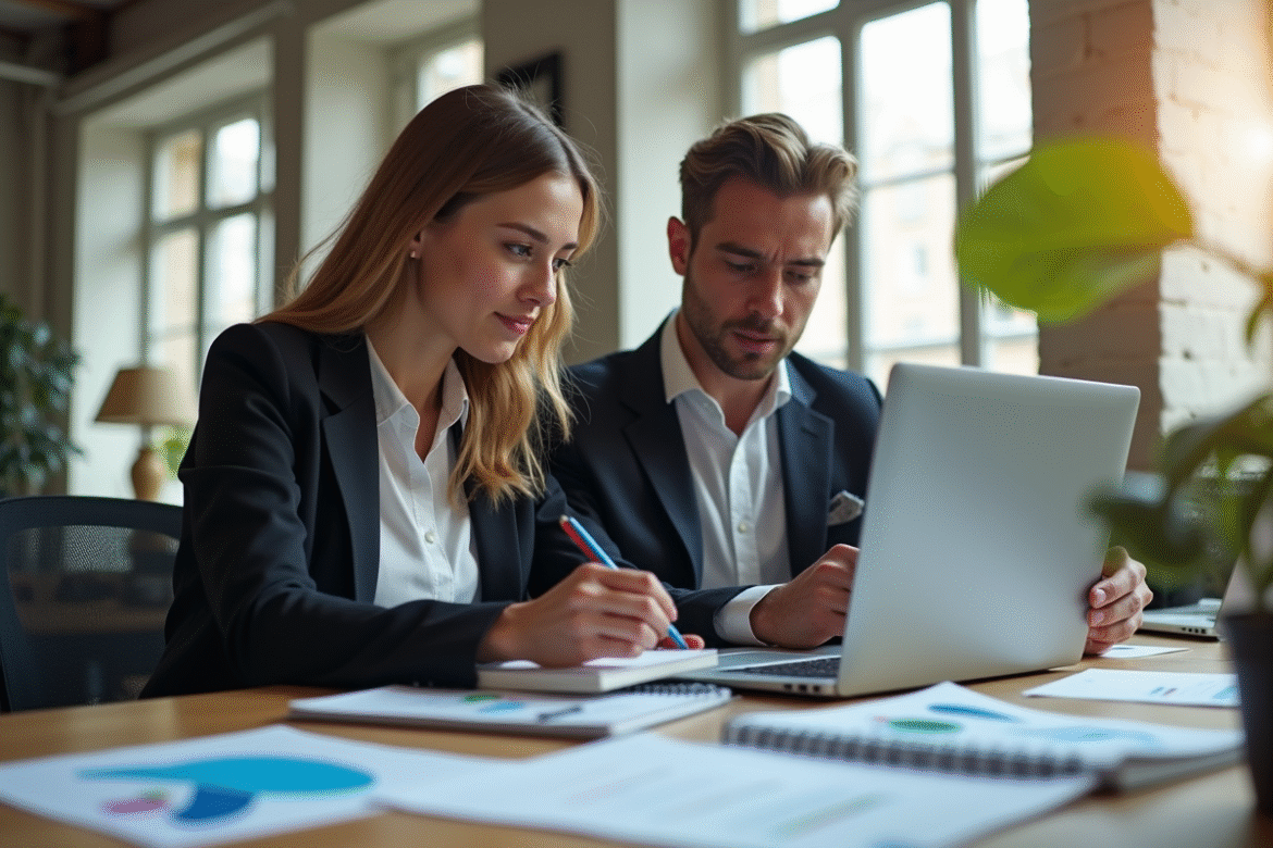 Jeune femme et homme travaillant dans un bureau parisien moderne