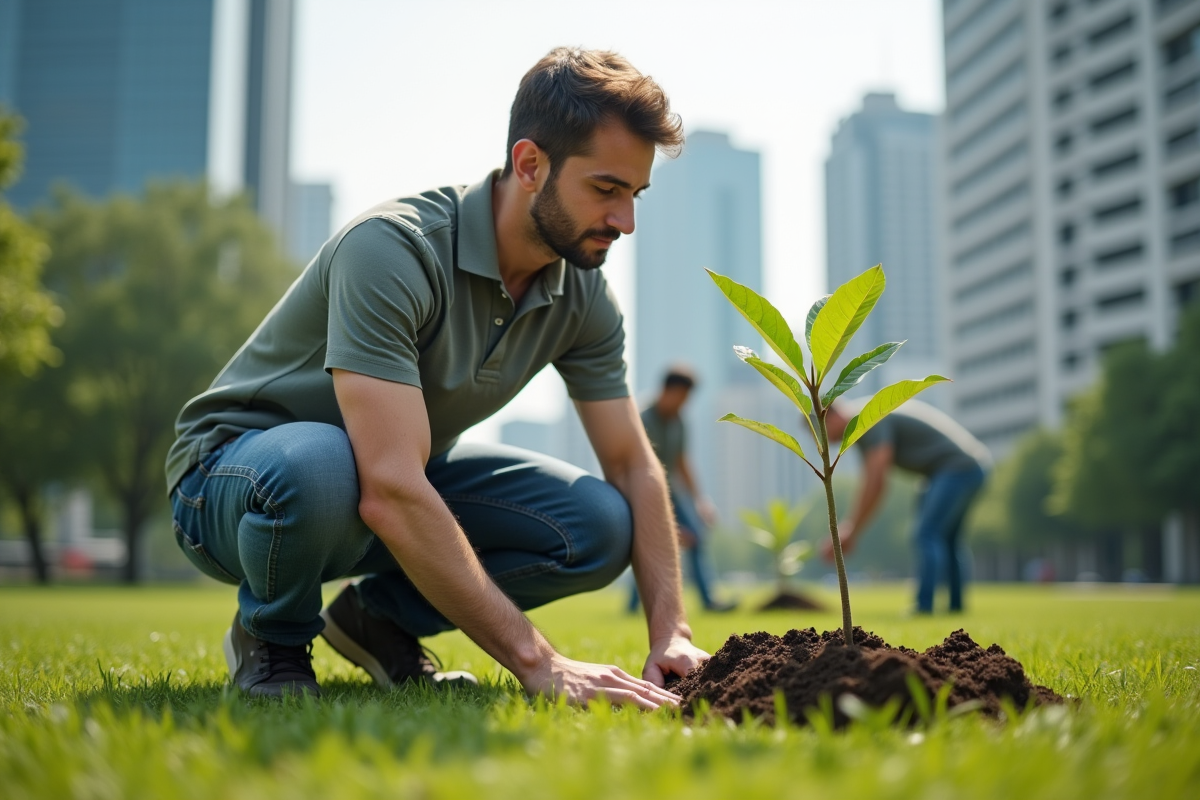 Jeune homme plantant un arbre dans un parc urbain