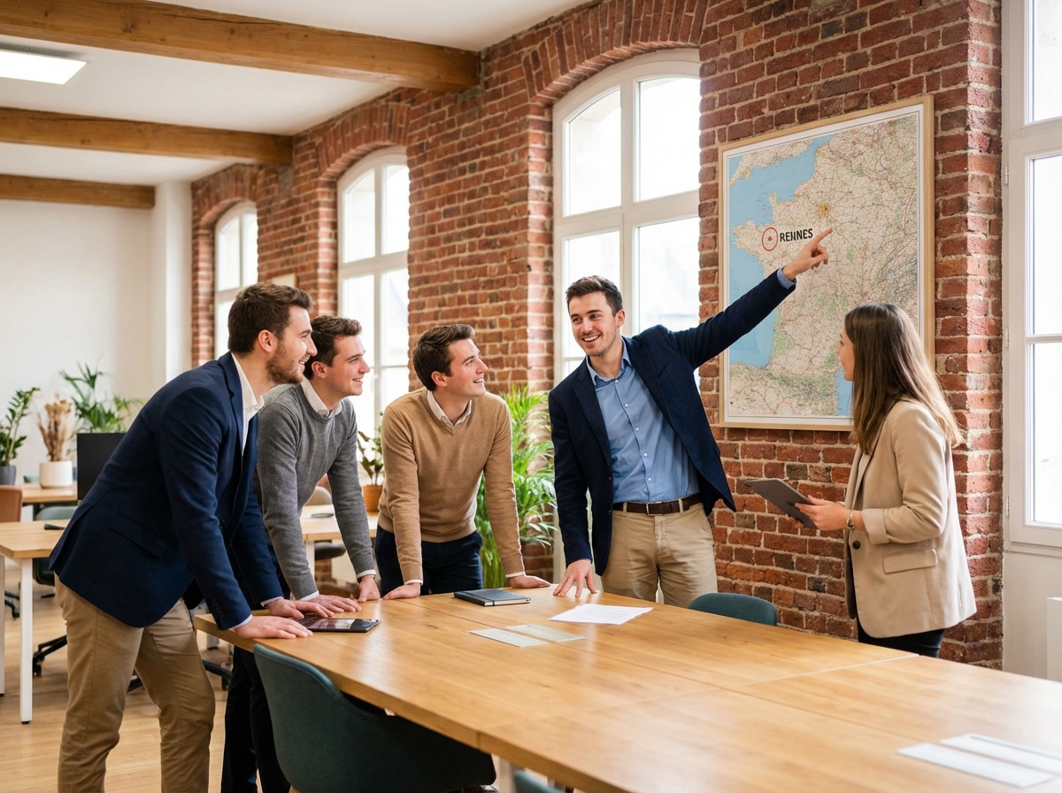 Groupe de jeunes professionnels dans un coworking à Rennes