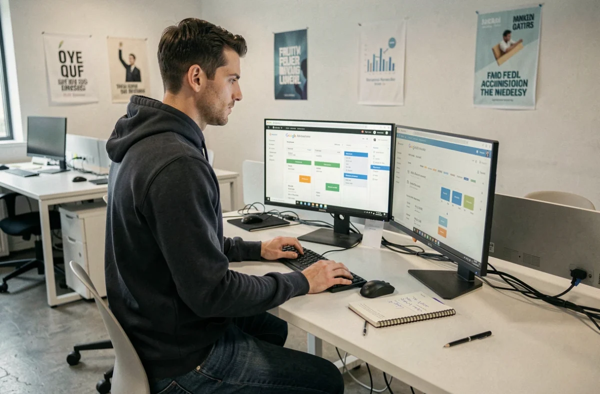 Spécialiste en acquisition payante de l'agence Junto analysant des performances Google Ads sur un double écran dans un bureau startup