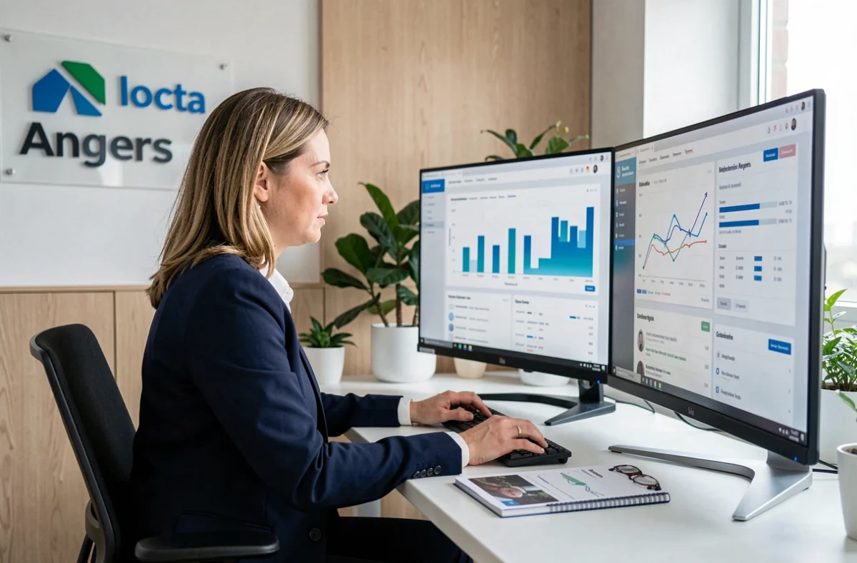 Professionnelle de l'agence Kelcible en Maine-et-Loire analysant des performances SEO sur plusieurs écrans dans un bureau moderne