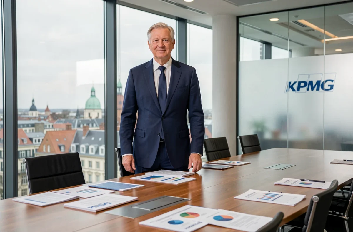 Expert-comptable senior de KPMG Lille dans une salle de réunion corporate avec vue sur la ville