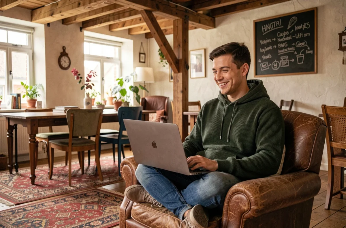 La Suite Dans les Idées à Neufchâtel-en-Bray, espace de coworking cosy avec un jeune professionnel en télétravail