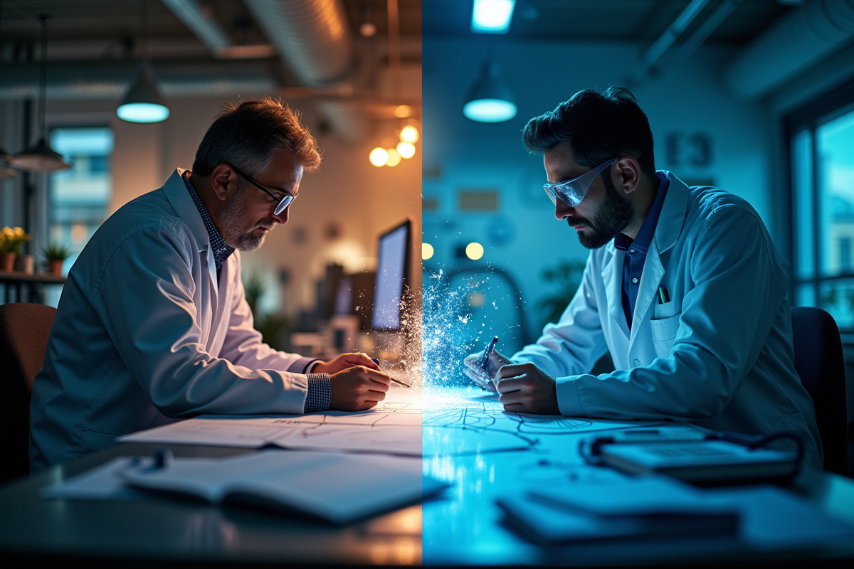 Scientifique et ingénieur travaillant avec un fil lumineux symbolisant R&D