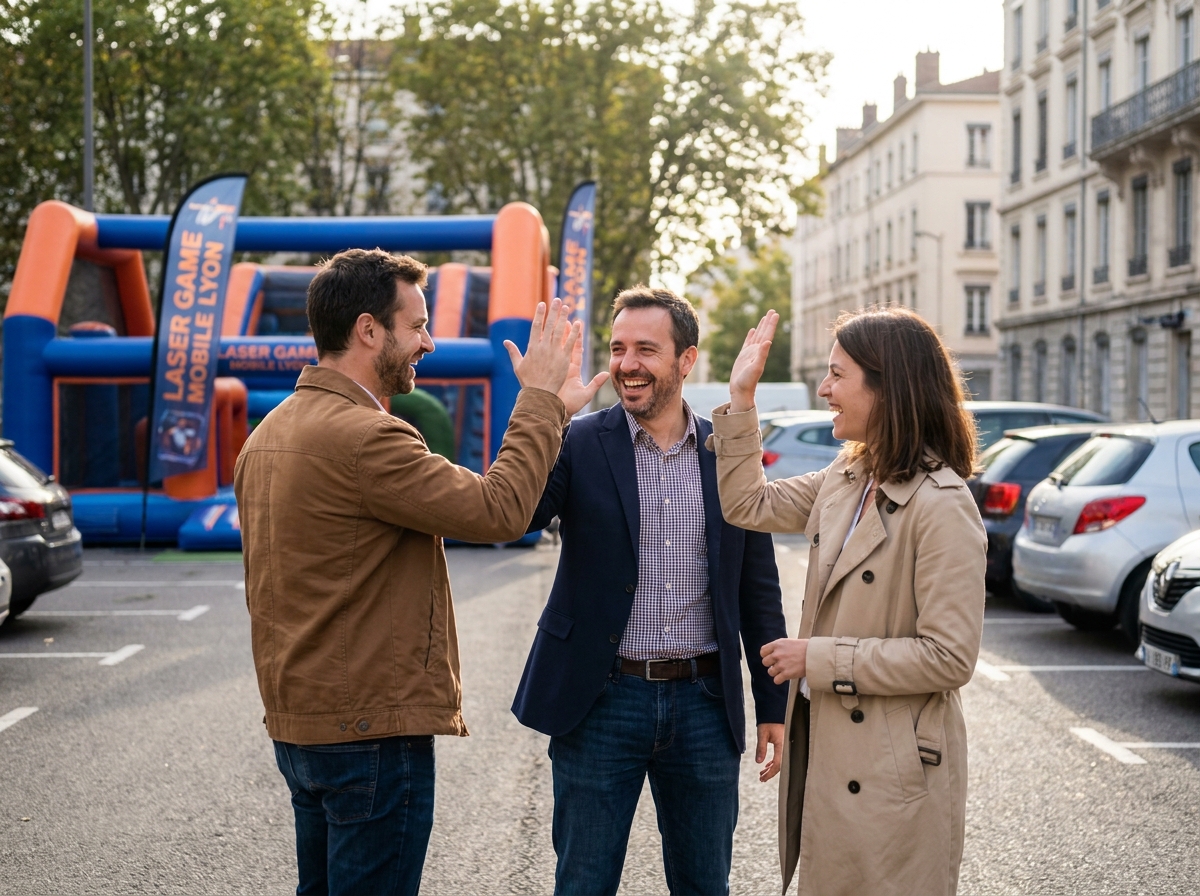 Collègues célébrant après une activité de laser game mobile lors d'un team building à Lyon