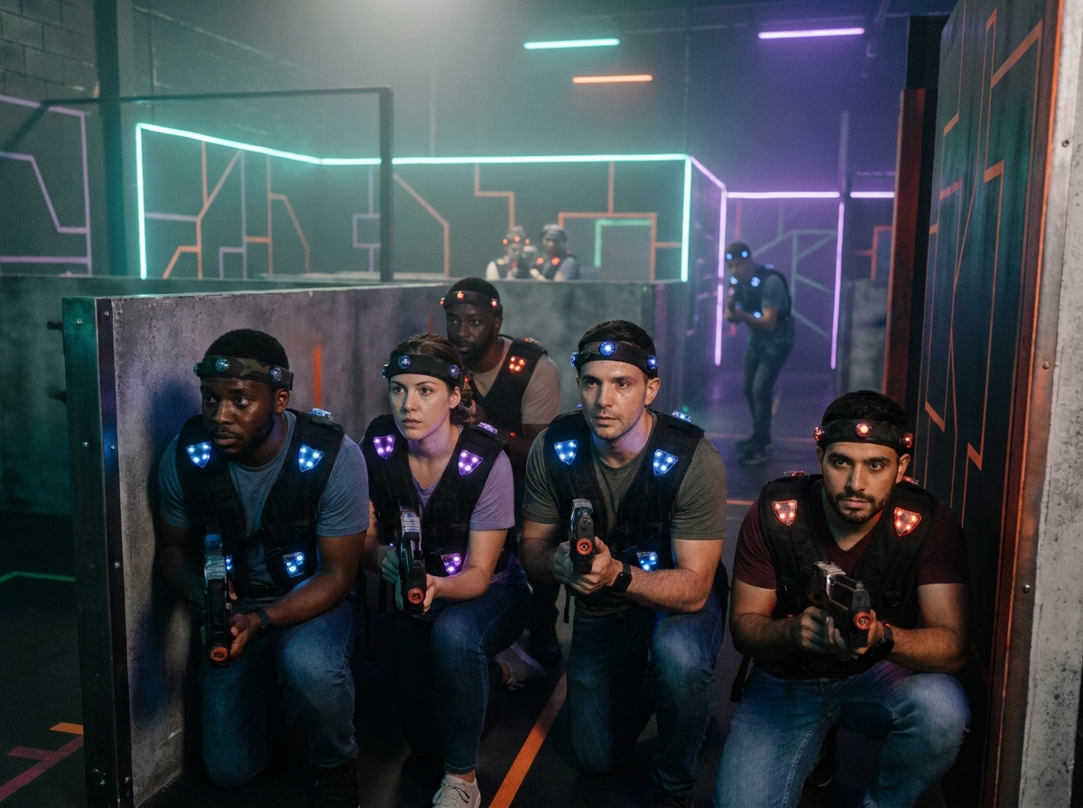 Équipe de collègues en pleine partie de laser game mobile à Lyon, portant des vestes tactiques dans une arène néon