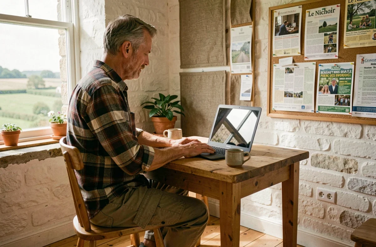 Le Nichoir Coworking à Goderville, espace de travail rural en Normandie avec un professionnel travaillant face à la campagne