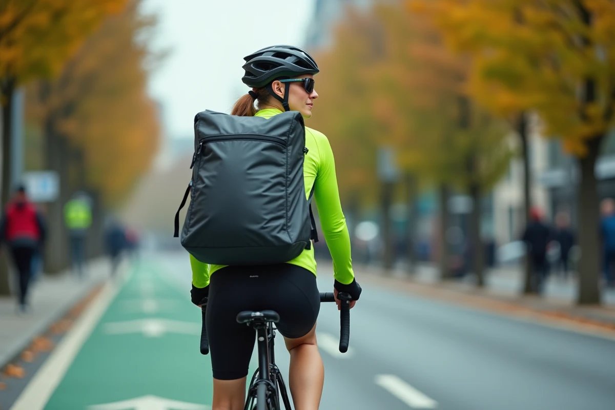 Livreuse Uber Eats à vélo avec sac thermique sur une piste cyclable en ville en tenue de cyclisme professionnelle