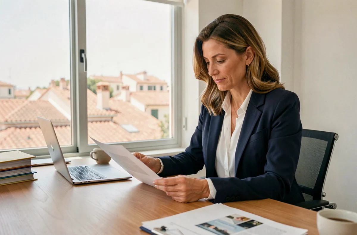 Femme professionnelle qui examine des documents dans un bureau moderne loué à Nice avec vue sur les toits méditerranéens