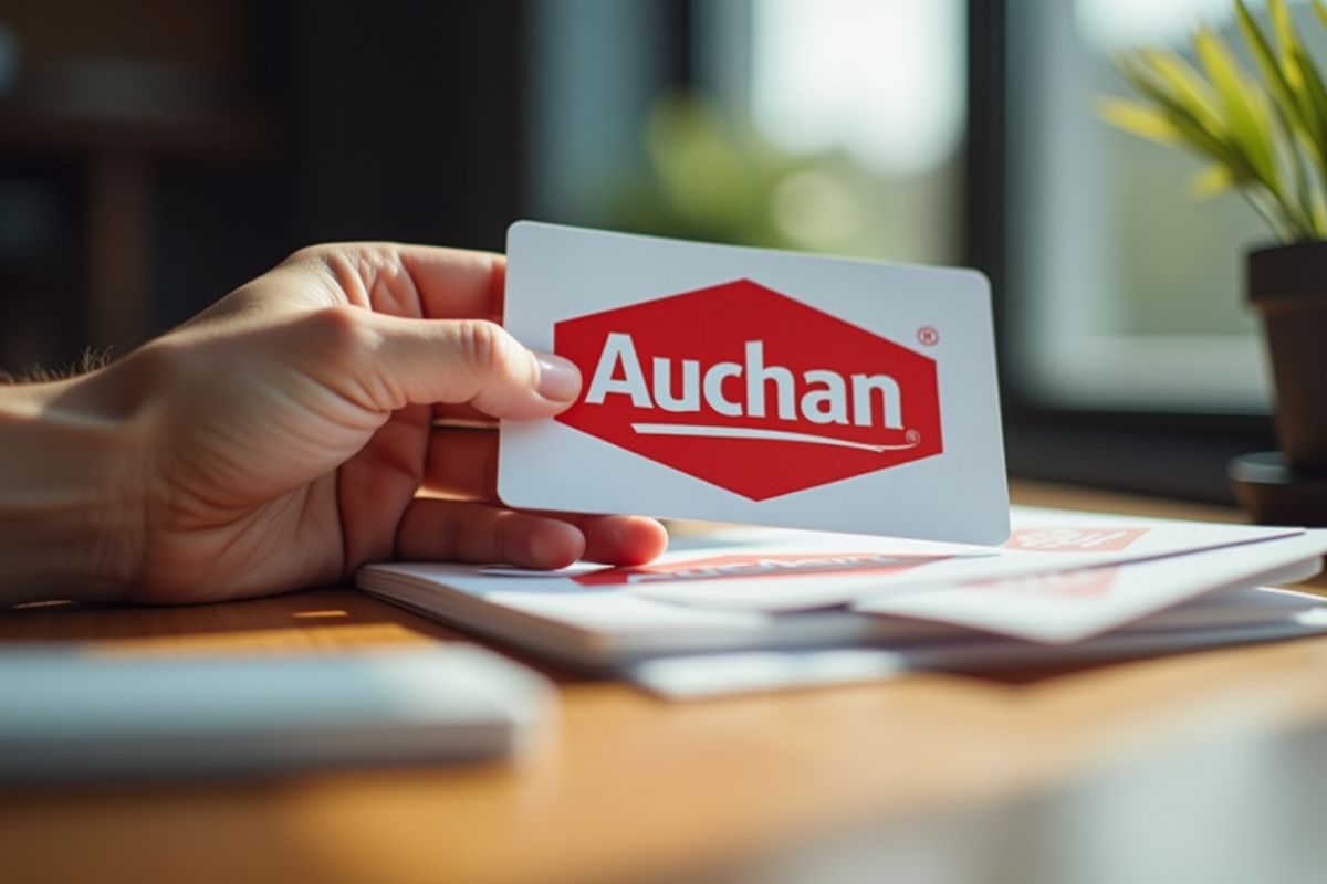 Main tenant des logos Auchan anciens et modernes sur fond de bureau