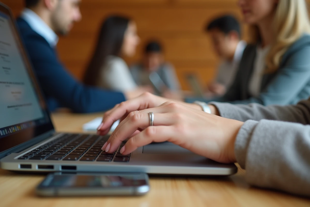 Mains d'une professionnelle cherchant une solution rapide à un problème de connexion sur un logiciel de paie