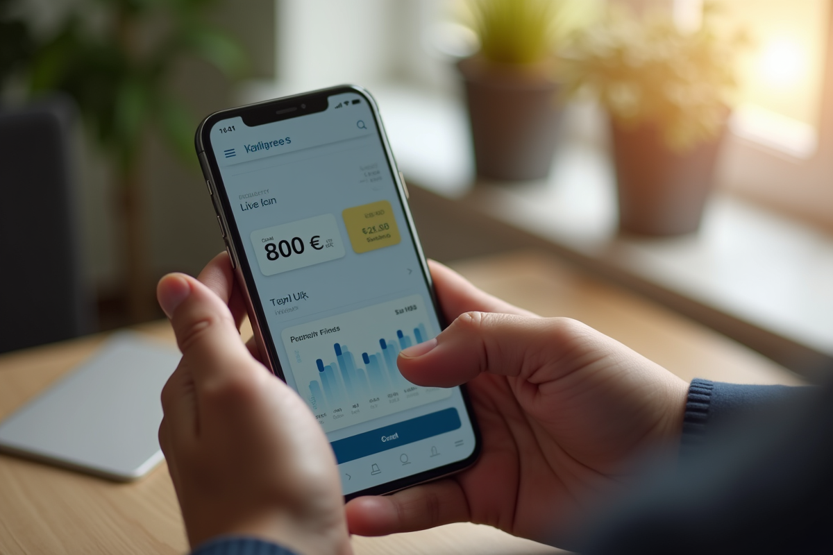 Mains tenant un smartphone avec solde bancaire de 900 euros