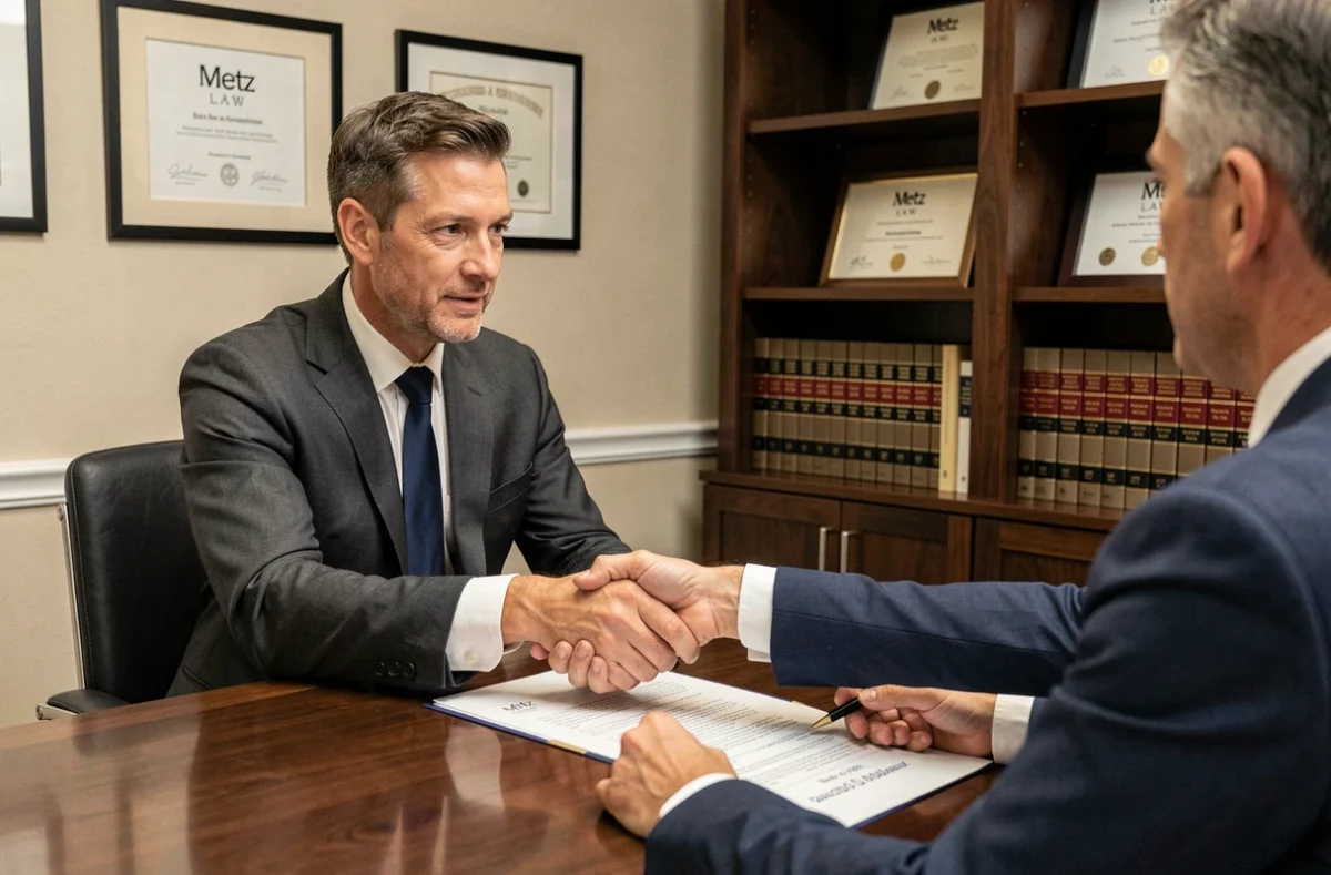 Maître Arnaud Vauthier, avocat d'affaires au barreau de Metz, en réunion avec un client dans la salle de conférence de son cabinet
