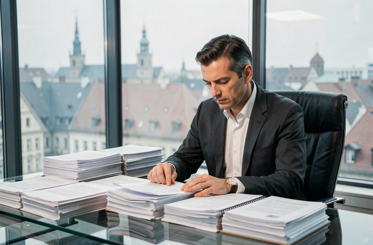 Maître Matthieu Contet, avocat spécialisé en contentieux d'affaires à Strasbourg, examinant des dossiers dans une salle de conférence moderne