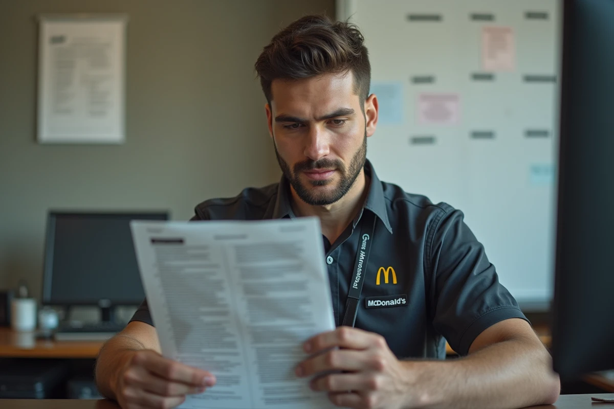 Manager McDonald's lisant la convention collective et planifiant son évolution de carrière dans un bureau opérationnel