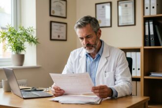 Médecin du travail examinant des documents médicaux dans son cabinet lors d'une contre-visite médicale