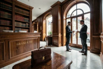 Vue d'ensemble d'un cabinet d'avocats d'affaires dans le Grand Est avec des professionnels en costume échangeant des documents dans un hall classique