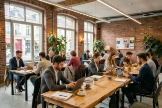 Vue d'ensemble d'un espace de coworking moderne en Seine-Maritime avec des professionnels au travail