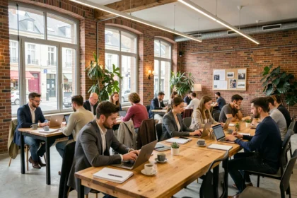 Vue d'ensemble d'un espace de coworking moderne en Seine-Maritime avec des professionnels au travail