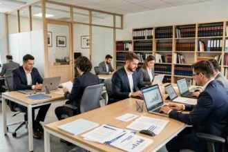 Vue d'ensemble d'un cabinet d'expertise comptable moderne dans le Nord de la France avec des professionnels au travail